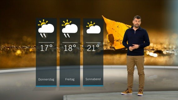 Wetterexperte Sebastian Wache steht im Studio mit der Wettervorhersage. © NDR 