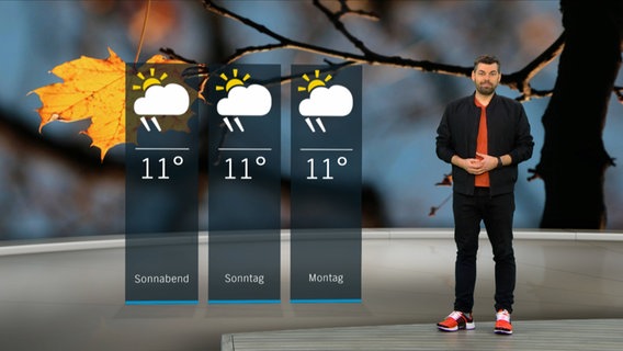 Wetterexperte Sebastian Wache steht im Studio mit der Wettervorhersage. © NDR 