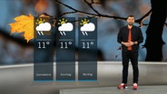 Wetterexperte Sebastian Wache steht im Studio mit der Wettervorhersage. © NDR 
