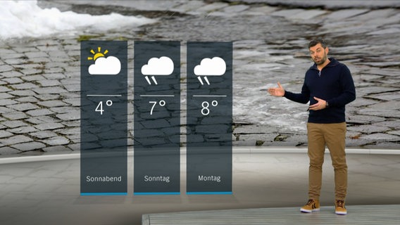 Wetterexperte Sebastian Wache steht im Studio mit der Wettervorhersage. © NDR 