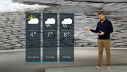 Wetterexperte Sebastian Wache steht im Studio mit der Wettervorhersage. © NDR 