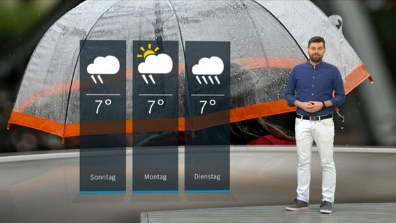 Wetterexperte Sebastian Wache steht im Studio mit der Wettervorhersage. © NDR 