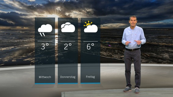 Wetterexperte Meeno Schrader steht im Studio mit der Wettervorhersage. © NDR 