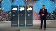 Wetterexperte Sebastian Wache steht im Studio mit der Wettervorhersage. © NDR 
