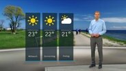 Wetterexperte Meeno Schrader steht im Studio mit der Wettervorhersage. © NDR 