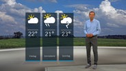 Wetterexperte Meeno Schrader steht im Studio mit der Wettervorhersage. © NDR 