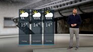 Wetterexperte Sebastian Wache steht im Studio mit der Wettervorhersage. © NDR 