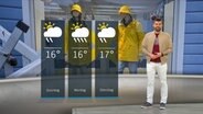 Wetterexperte Sebastian Wache steht im Studio mit der Wettervorhersage. © NDR 