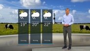 Wetterexperte Meeno Schrader steht im Studio mit der Wettervorhersage. © NDR 