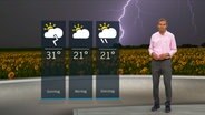 Wetterexperte Meeno Schrader steht im Studio mit der Wettervorhersage. © NDR 