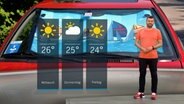 Wetterexperte Sebastian Wache steht im Studio mit der Wettervorhersage. © NDR 