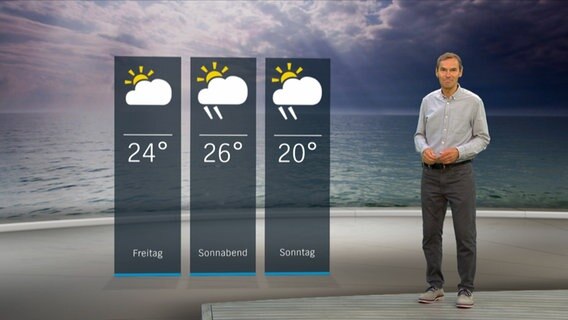 Wetterexperte Meeno Schrader steht im Studio mit der Wettervorhersage. © NDR 