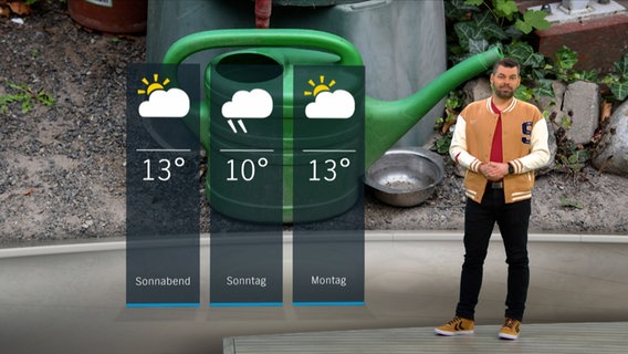 NDR Moderator Sebastian Wache steht im Studio mit der Wettervorhersage © NDR 