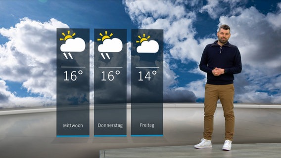 NDR Moderator Sebastian Wache steht im Studio mit der Wettervorhersage © NDR 
