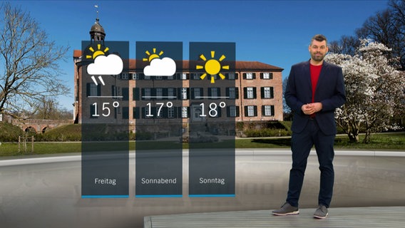 NDR Moderator Sebastian Wache steht im Studio mit der Wettervorhersage. © NDR 