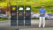 NDR Moderator Sebastian Wache steht im Studio mit der Wettervorhersage © NDR 