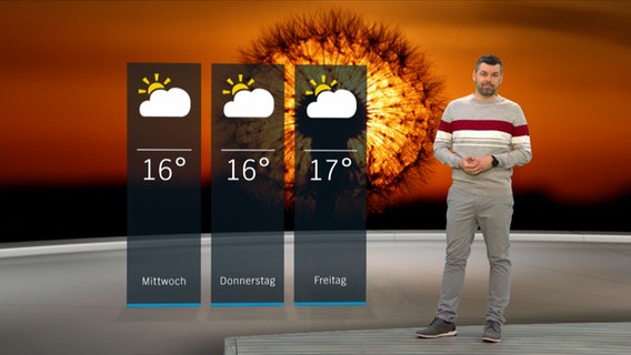 NDR Moderator Sebastian Wache steht im Studio mit der Wettervorhersage © NDR 