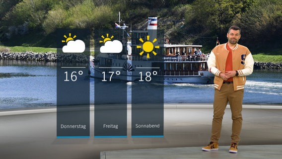 NDR Moderator Sebastian Wache steht im Studio mit der Wettervorhersage © NDR 