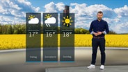 NDR Moderator Sebastian Wache steht im Studio mit der Wettervorhersage © NDR 