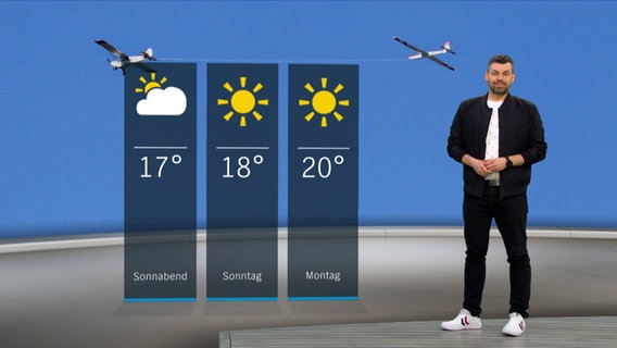 NDR Moderator Sebastian Wache steht im Studio mit der Wettervorhersage © NDR 