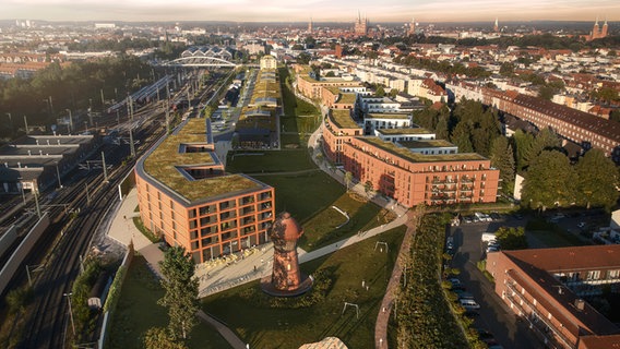 Das Gelände rund um den Güterbahnhof in Lübeck aus der Luft. © Die Wohnkompanie 