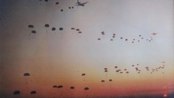 Mehrere Fallschirmspringer springen aus drei Flugzeugen ab. © NDR Foto: NDR Screenshots