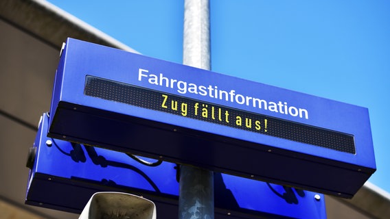 Auf einer Anzeigetafel zur Fahrgastinformation steht der Schriftzug "Zug fällt aus". © picture alliance / Bildagentur-online/Ohde | Bildagentur-online/Ohde 