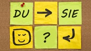 Post It Zettel an einer Korkand mit den Aufschriften Du Sie Fragezeichen Pfeil und Smiley. © Fotolia Foto: Marek