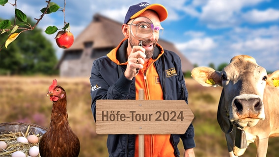 Schorse macht sich auf den Weg zur Höfe-Tour 2024 (Montage). © NDR / Emely Miller / imageBROKER / Zoonar / Countrypixel / Geisler-Fotopress / CHROMORANGE | Foto: Martin Huch / Andreas Vitting /  K.-U. Haessler / FRP / Robert Schmiegelt / Manfred Zajac