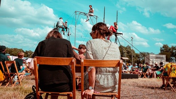 Zwei Frauen sitzen auf Klappstühlen und schauen Akrobaten zu. © Kolja Zinngrebe 