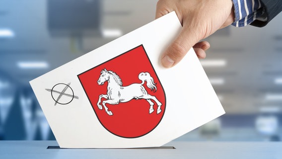 Eine Wahlkarte mit einem Kreuz und dem niedersächsischen Wappen wird in eine Wahlurne geworfen.  © fotolia.com Foto: _AndreL