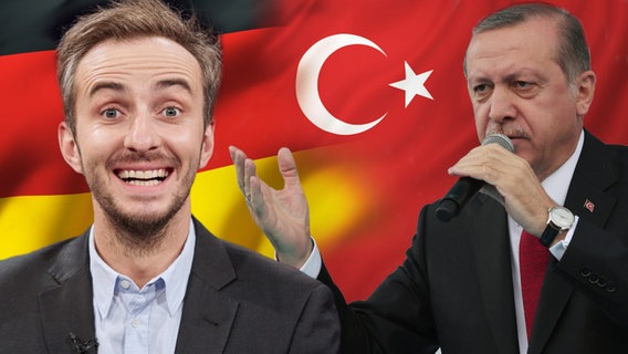 Recep Tayyip Erdogan und Jan Böhmermann vor deutscher und türkischer Flagge. © imago stock&people, NDR, fotolia Foto: Depo Photos, Christian Wyrwa, mozZz, somartin