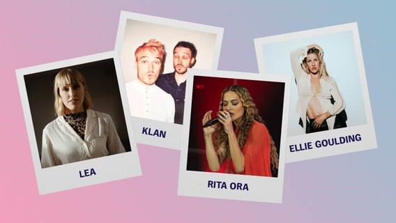 Montage mit Bildern von Lea, Ellie Goulding, Rita Ora und Michael Heinrich von Klan © Pressebilder 