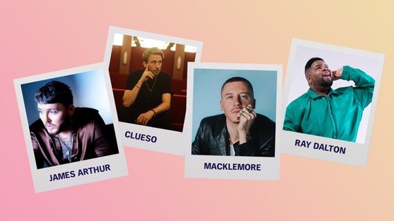 Montage mit Bildern James Arthur, Clueso, Macklemore und Ray Dalton © Pressebilder 