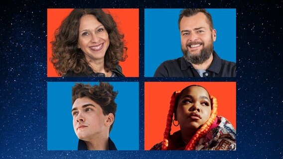 Die Moderatorinnen Elke und Jens von NDR 2 und die beiden Gäste von Friday Night Live Timon Krause und Zoe Wees im Portrait auf Sternenhimmer Hintergrund.  Foto: Niklas Kusche / Marina Weigl / Jeff Hahn