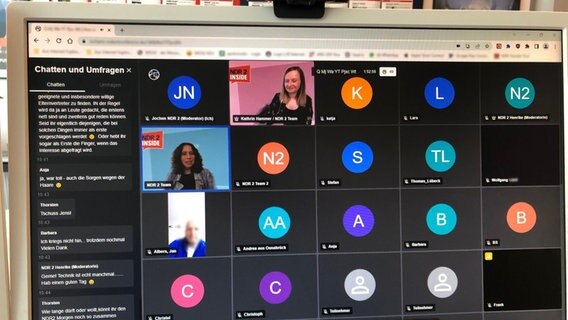 Ansicht der Videokonferenz mit Chat und Webcam-Bildern der Moderatoren Ansicht der Videokonferenz mit Chat und Webcam-Bildern der Moderatoren © NDR 2 Foto: Jochen Moseberg