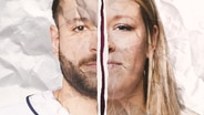 Zwei montierte Gesichtshälften vor zerknittertem Papier-Hintergrund: Benny und Eva © NDR / Studio Fritz Gnad 