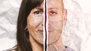 Zwei montierte Gesichtshälften vor zerknittertem Papier-Hintergrund Sebastian und Sabrina © NDR / Studio Fritz Gnad 