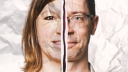 Zwei montierte Gesichtshälften vor zerknittertem Papier-Hintergrund: Katharina und Holger © NDR / Studio Fritz Gnad 