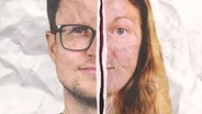 Zwei montierte Gesichtshälften vor zerknittertem Papier-Hintergrund: Ulrike und Andreas © NDR / NDR 2 Foto: Nadine Egbringhoff