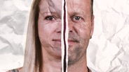 Zwei montierte Gesichtshälften vor zerknittertem Papier-Hintergrund: Katja und Matthias © NDR / NDR 2 Foto: Nadine Egbringhoff