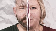 Zwei montierte Gesichtshälften vor zerknittertem Papier-Hintergrund: Robert und Susan © NDR / NDR 2 Foto: Niklas Kusche