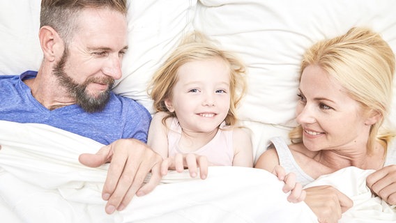 Eltern liegen zusammen mit ihrer Tochter im Bett © imago images/Westend61 