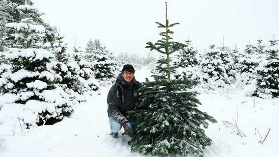 NDR 2 Reporter Jelto Ringena mit einem Tannenbaum. © NDR 2 | Niklas Kusche Foto: Niklas Kusche