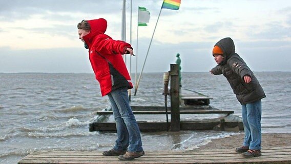 Jannis und Andre stemmen sich am Freitag (01.02.2008) am Strand von Dangast gegen den Wind. Der Deutsche Wetterdienst für die Küstenregion warnt vor weiteren orkanartigen Böen. © Carmen Jaspersen/ dpa - Report 