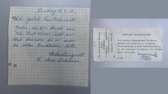 Entschuldigungsschreiben der Mutter und Atteste (Foto 5/5)
a. Es gibt einige Entschuldigungsschreiben der Mutter Marie Wichmann an Kurt Werners Lehrerin, aber bei weitem nicht genug um alle Fehltage zu erklären.  