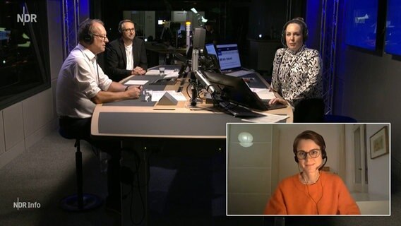 Moderatorin Nina Zimmermann und Gäste bei der NDR Info Redezeit "70 Jahre Kinderschutzbund - heute wichtiger als je zuvor?" © NDR 