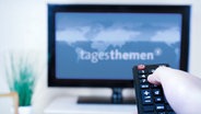 Ein Hand mit Fernbedienung ist auf einen Fernseher im Wohnzimmer gerichtet, auf dem Möwen zu sehen sind. © fotolia.com Foto: Africa Studio