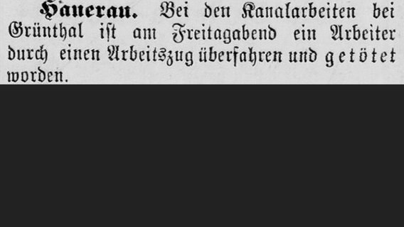 Meldung aus der "Kanal-Zeitung" vom 7. Mai 1891 über einen tödlichen Arbeitsunfall. © Stadtarchiv Brunsbüttel, Kanalzeitung 07.05.1891 gray0380 