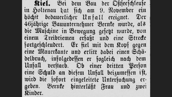 Meldung aus der "Kanal-Zeitung" vom 12. November 1891 über einen tödlichen Arbeitsunfall. © Stadtarchiv Brunsbüttel, Kanalzeitung 12.11.1891 gray0537 